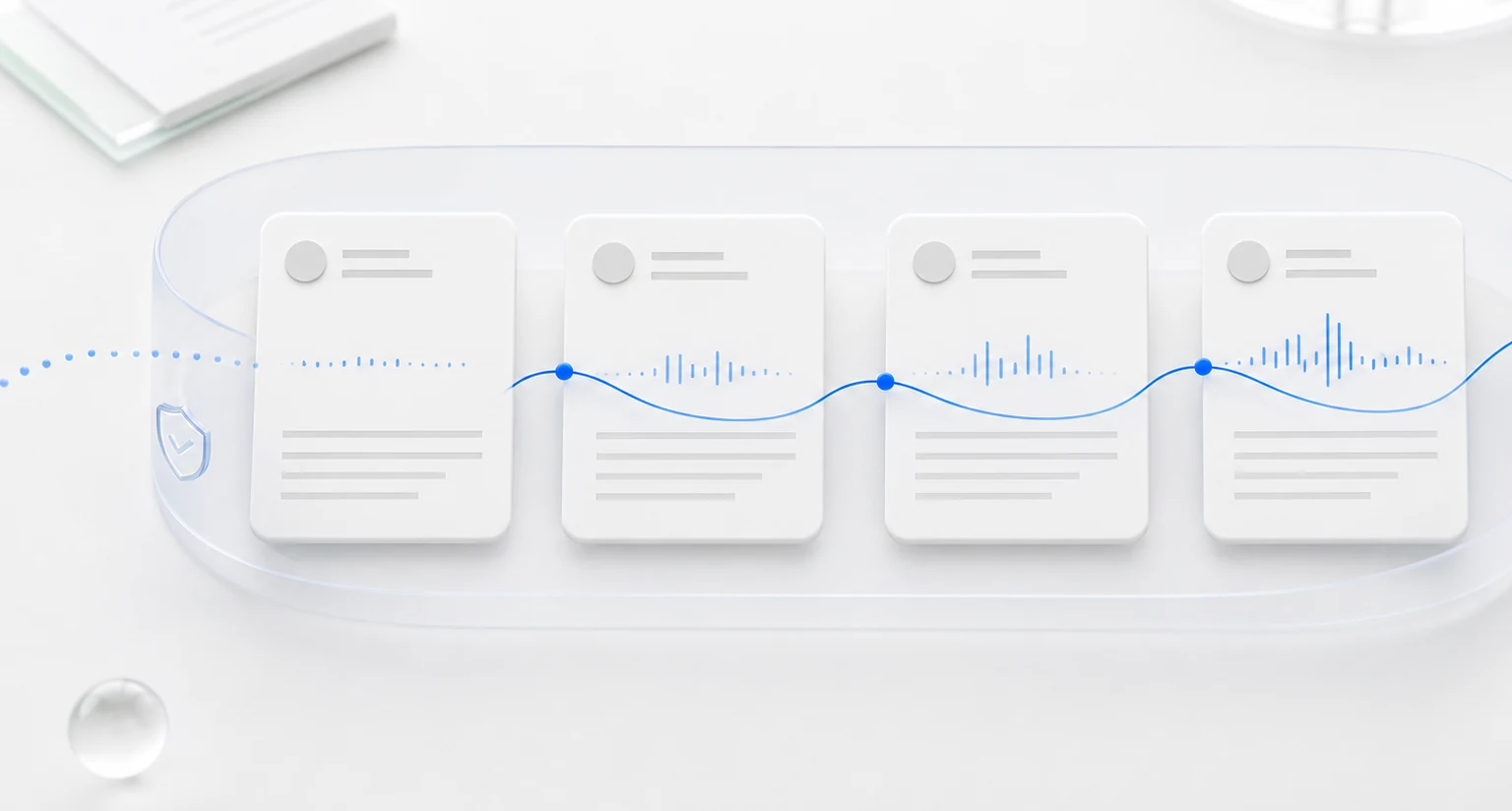 Four protected counseling session cards connected by an ongoing blue recovery waveform.