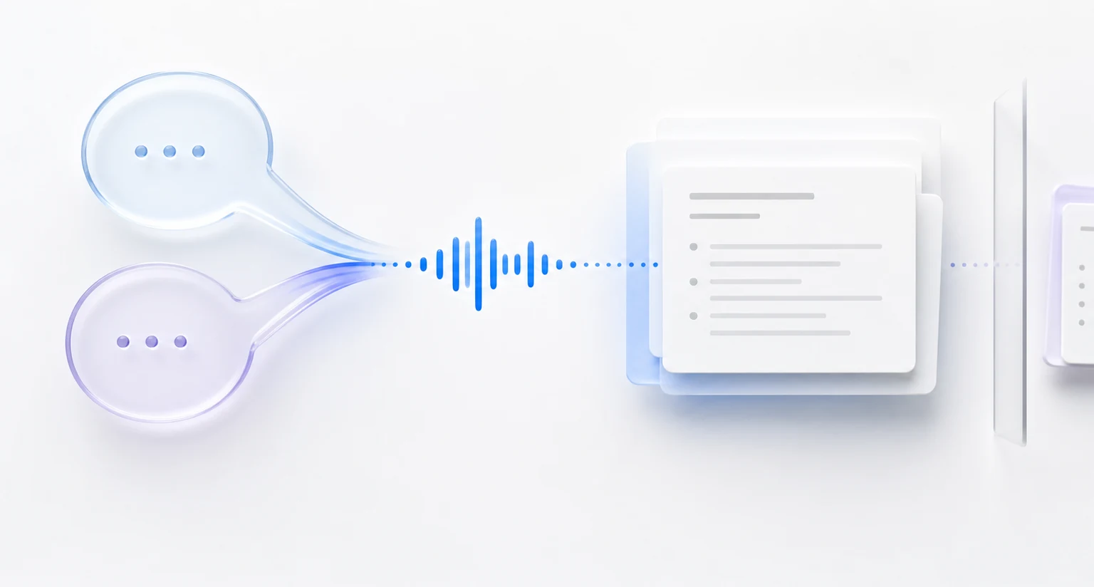 Two conversation forms merge into a blue waveform and structured note, with a private note kept separate.