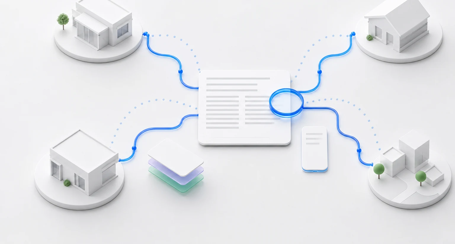 A structured note connects by blue paths to several care settings and a mobile device.