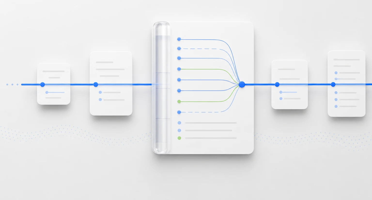 A blue longitudinal timeline carries visit cards through a structured primary care note.