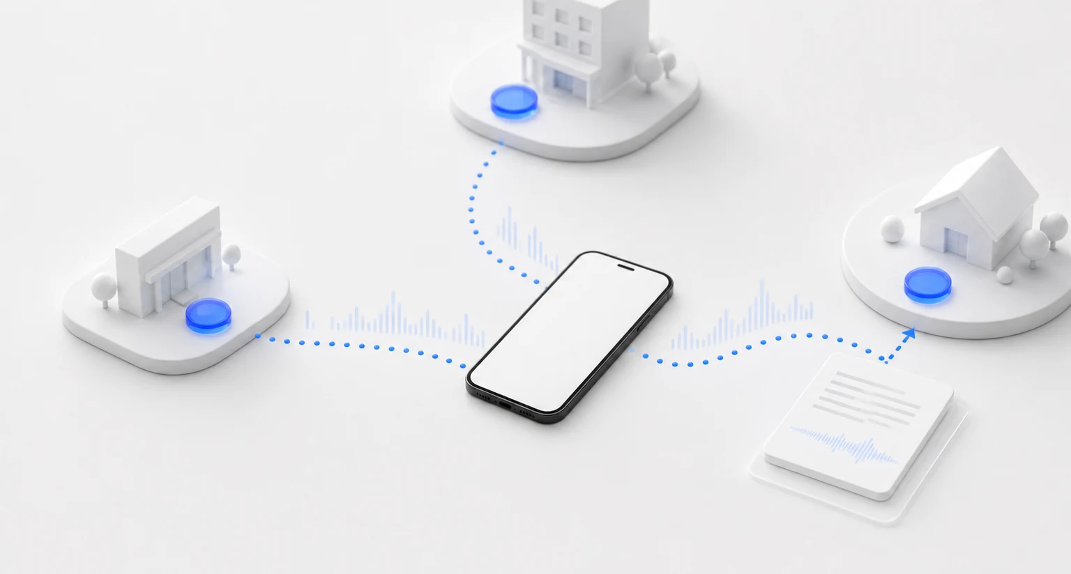 A phone following a dotted route between care locations toward a structured note.