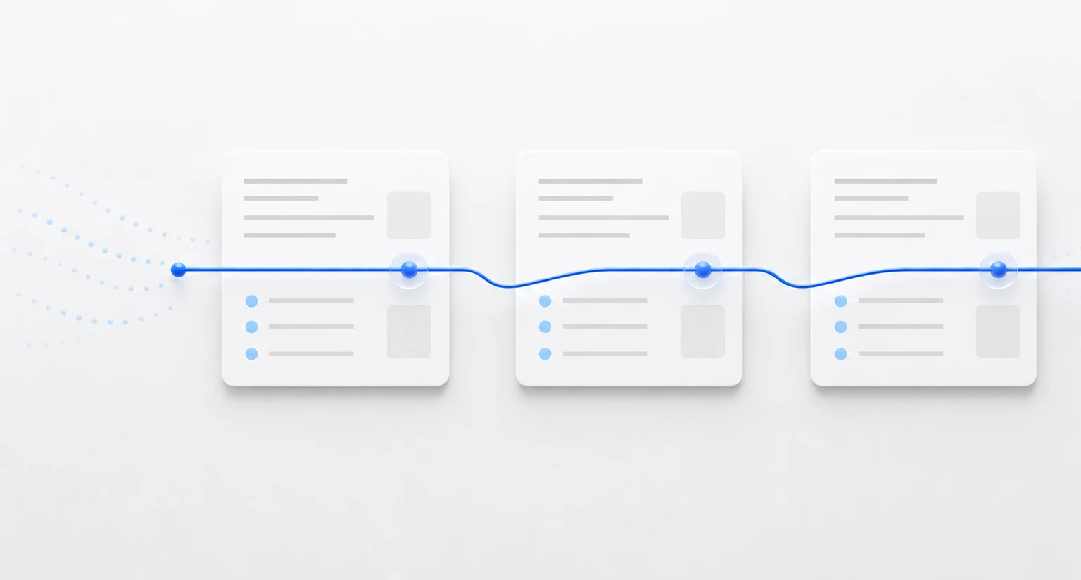 Three structured note cards connected by one continuous blue handoff line.