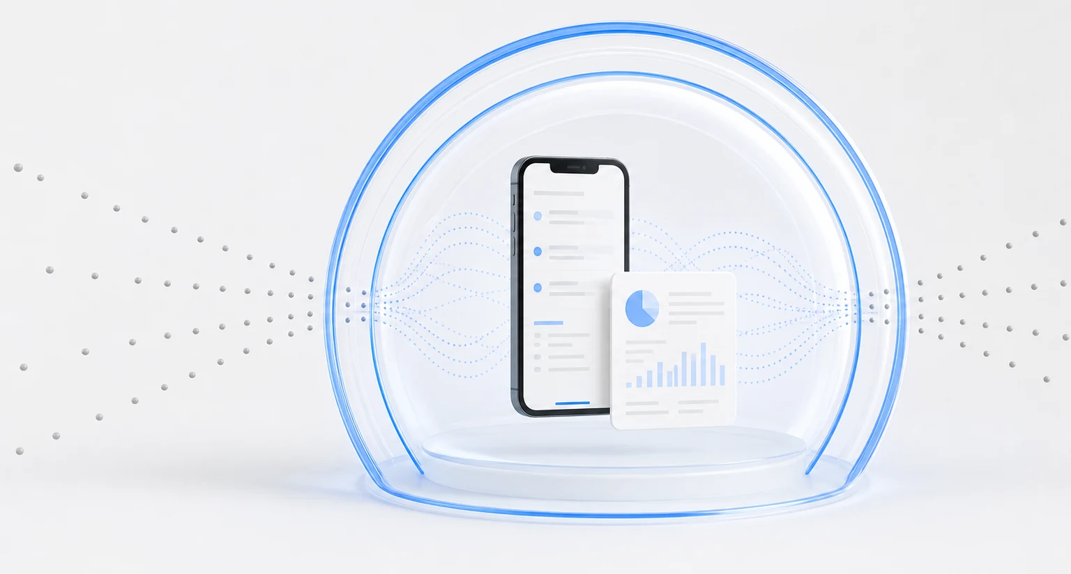 A mobile phone and chart enclosed by layered blue protective rings.