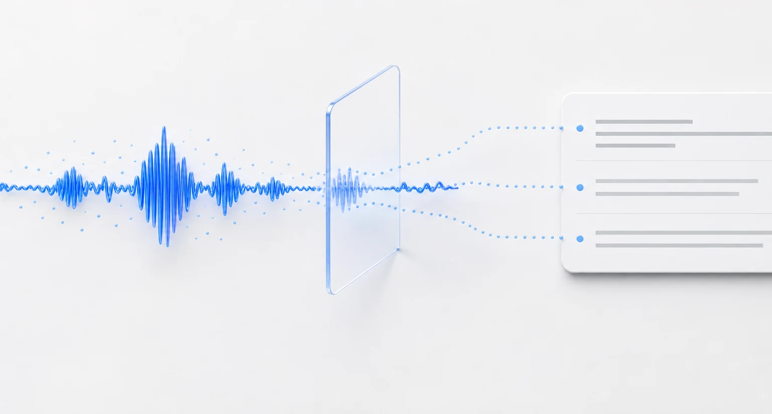 A blue conversation waveform passing through a clear plane into a structured note.