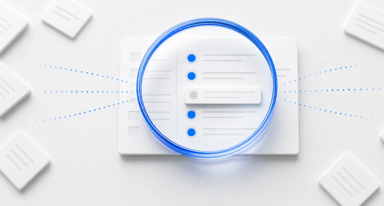 A magnifying lens checking and aligning details on a structured clinical note.