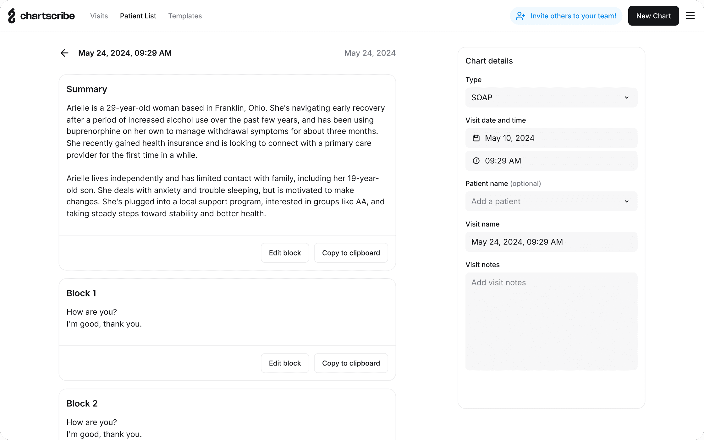 ChartScribe turning a visit into a structured, HIPAA-compliant chart.
