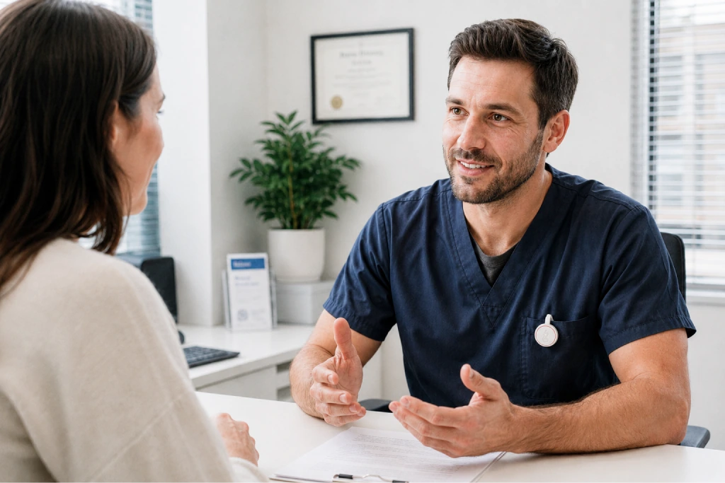 A clinician speaking with a patient while wearing ChartScribe Pin.